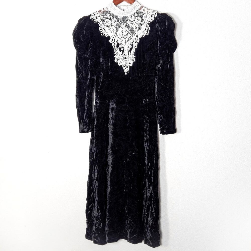 Scott McClintock Maxi Dress Vintage Black Crushed Velvet Lace Size 10 Gothic
